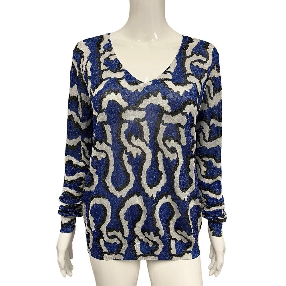 KENZO Blue Multi Lurex Printed Abstract Long Sleeve V-Neck Sweater Top Size S